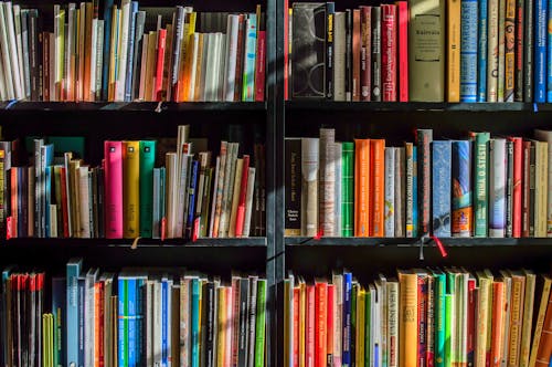 Free Books in Black Wooden Book Shelf Stock Photo