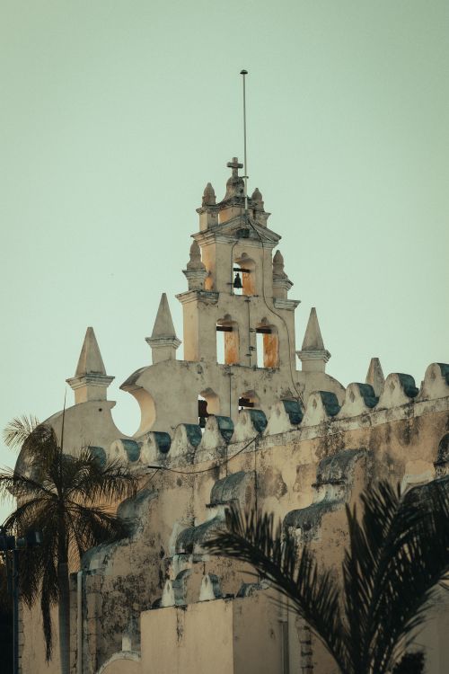 Free Elegant bell tower of a historic church with tropical palm trees on a clear day. Stock Photo