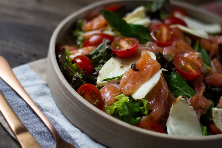 Vegetable Salad With Cheese And Salmon Meat