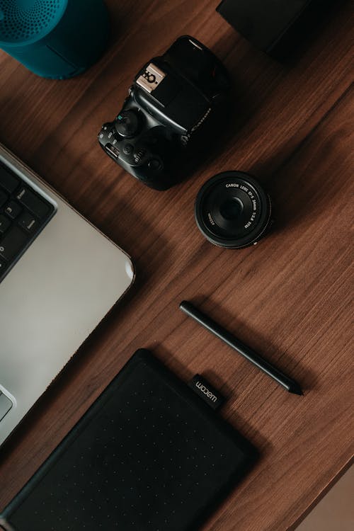 Top View of Laptop, Tablet and Camera