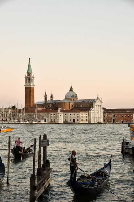 Gondolas glide through Venice's canals with St. Mark's Campanile in the background at sunset.
