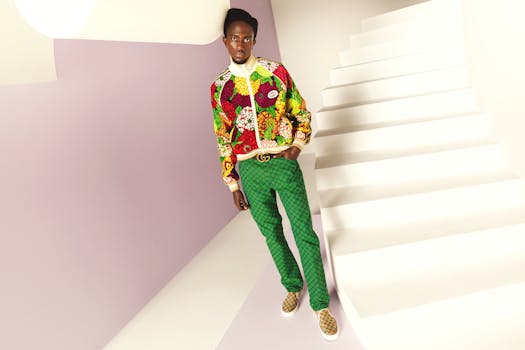 Stylish African American male model posing in vibrant fashion clothing in a studio setting.