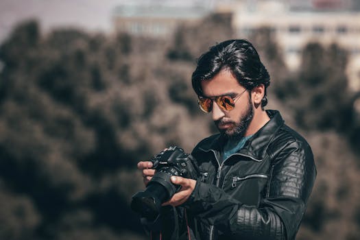 一位时尚的男性摄影师戴着太阳镜，在户外检查数码单反相机