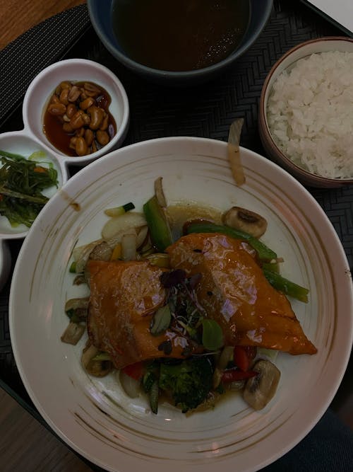 Top View of a Dish with Chicken, Rice and Peanuts 