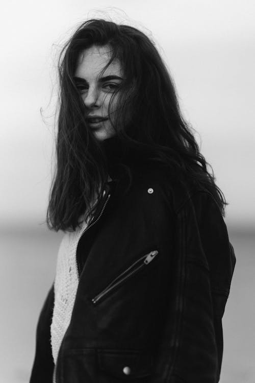 Young Girl in a Jacket in Black and White