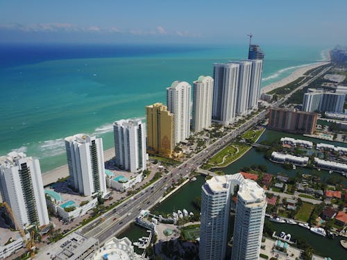 Aerial View of Waterfront Skyscrapers in Sunny Isles Beach, Florida, USA