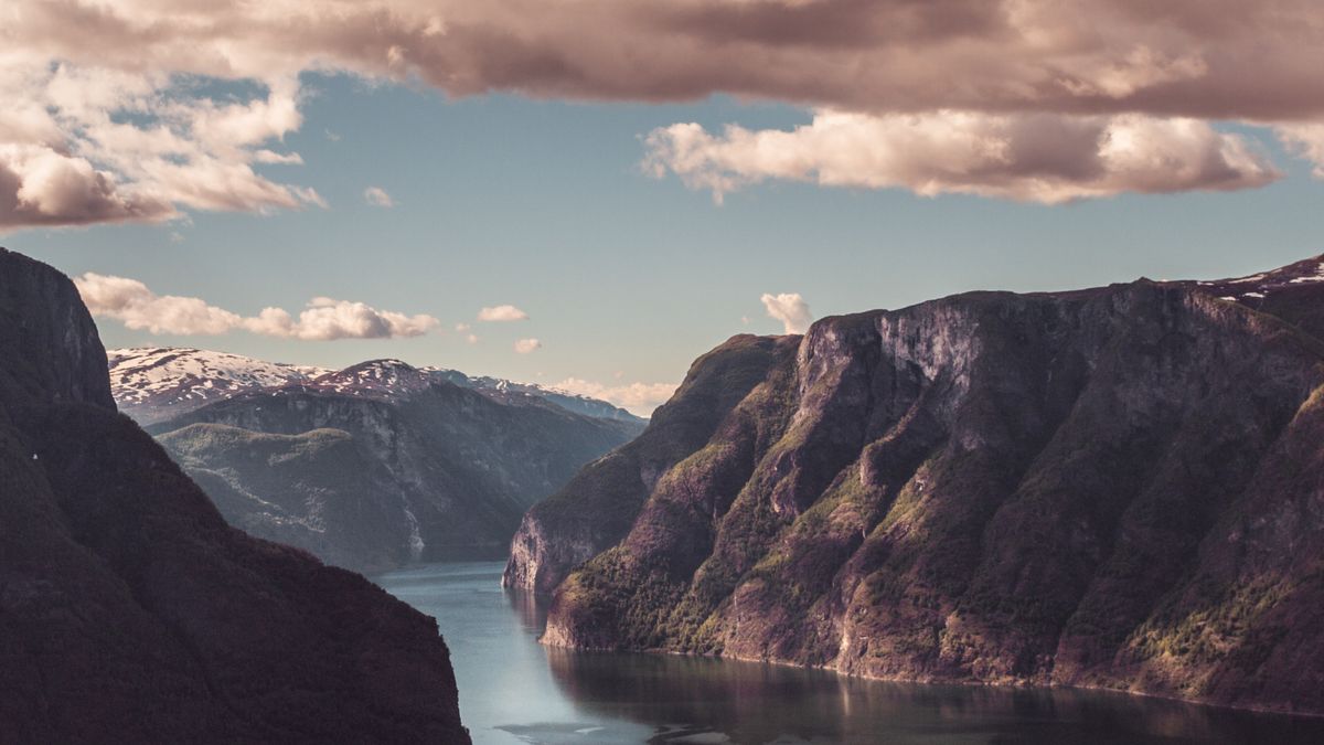 Aurlandsfjord at golden hour near Flam in western Norway