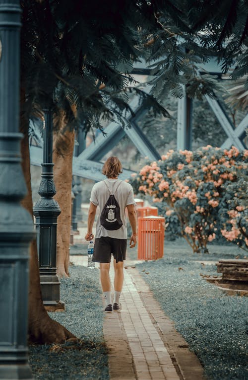 Man Walking on the Pathway in the Park