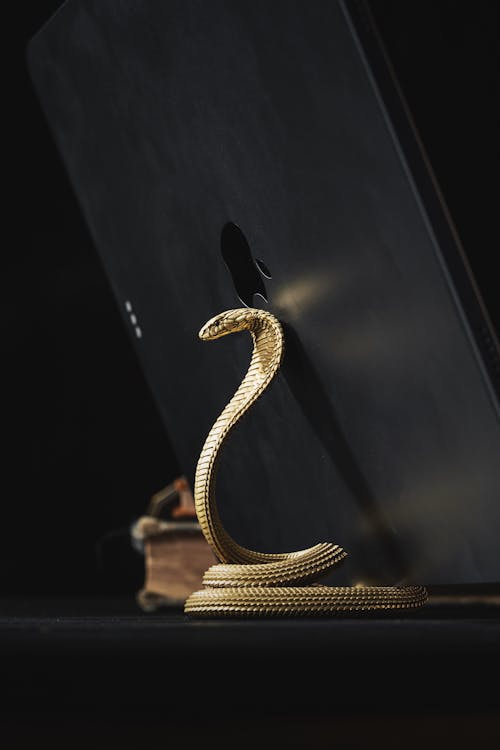 Side View of Cobra Phone Stand in Bronze with a Tablet