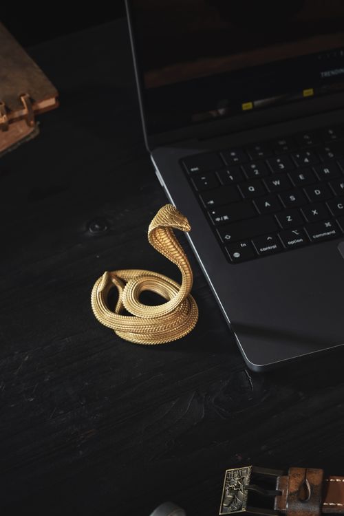 Free A detailed golden snake phone stand beside a laptop on a stylish desktop. Stock Photo