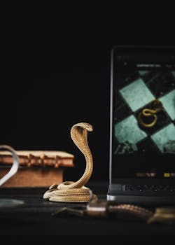 Stylish brass cobra figurine used as a unique phone stand on a modern desk.