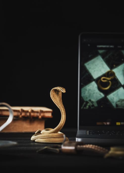 Free Stylish brass cobra figurine used as a unique phone stand on a modern desk. Stock Photo
