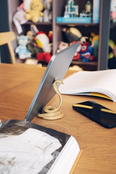 Stylish cobra-shaped metal stand holding a tablet on a wooden desk with plush toys in background.