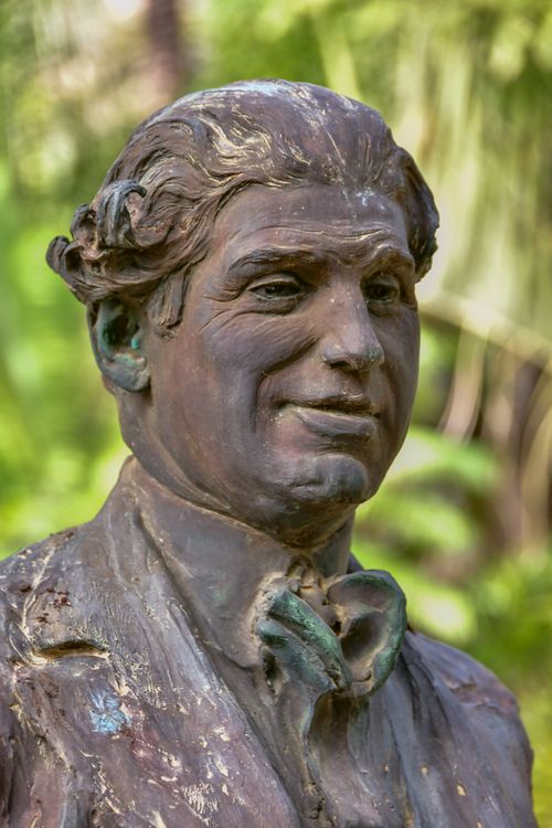 Free Close-up of a bronze sculpture depicting a smiling man's face in a lush garden setting. Stock Photo