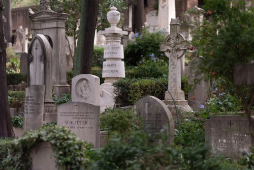 Free Tranquil graveyard scene with diverse tombstones surrounded by lush plants, evoking reflection. Stock Photo