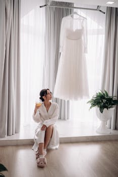 Bride in a robe drinking juice beside a hanging wedding dress indoors.