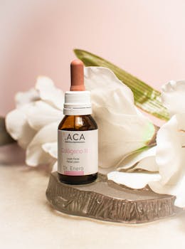 Close-up of collagen facial serum with white petals, a touch of elegance and skincare.