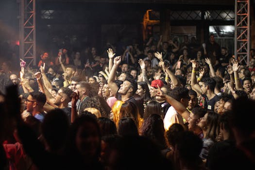 Vibrant crowd enjoying an energetic concert, full of excitement and togetherness.