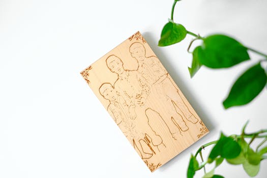 A minimalist wooden engraving art piece surrounded by green leaves on a white background.