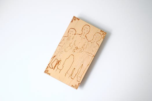 An engraved wooden plaque with a detailed family portrait on a minimalist desk.