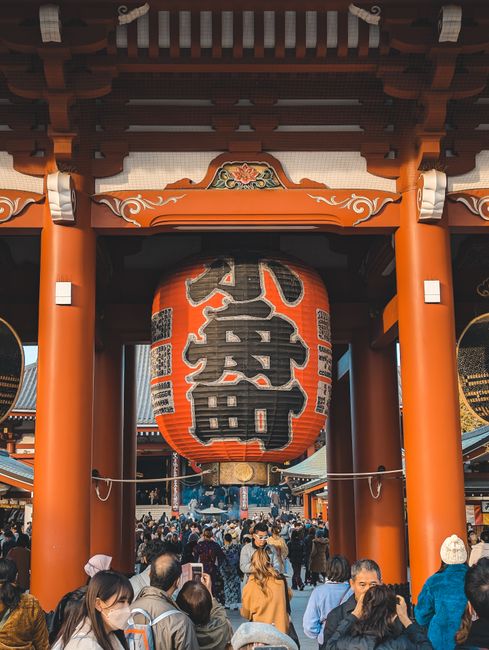 Crowd at Senso-ji Temple entrance, Tokyo. Iconic red lantern symbolizing peace and good fortune.