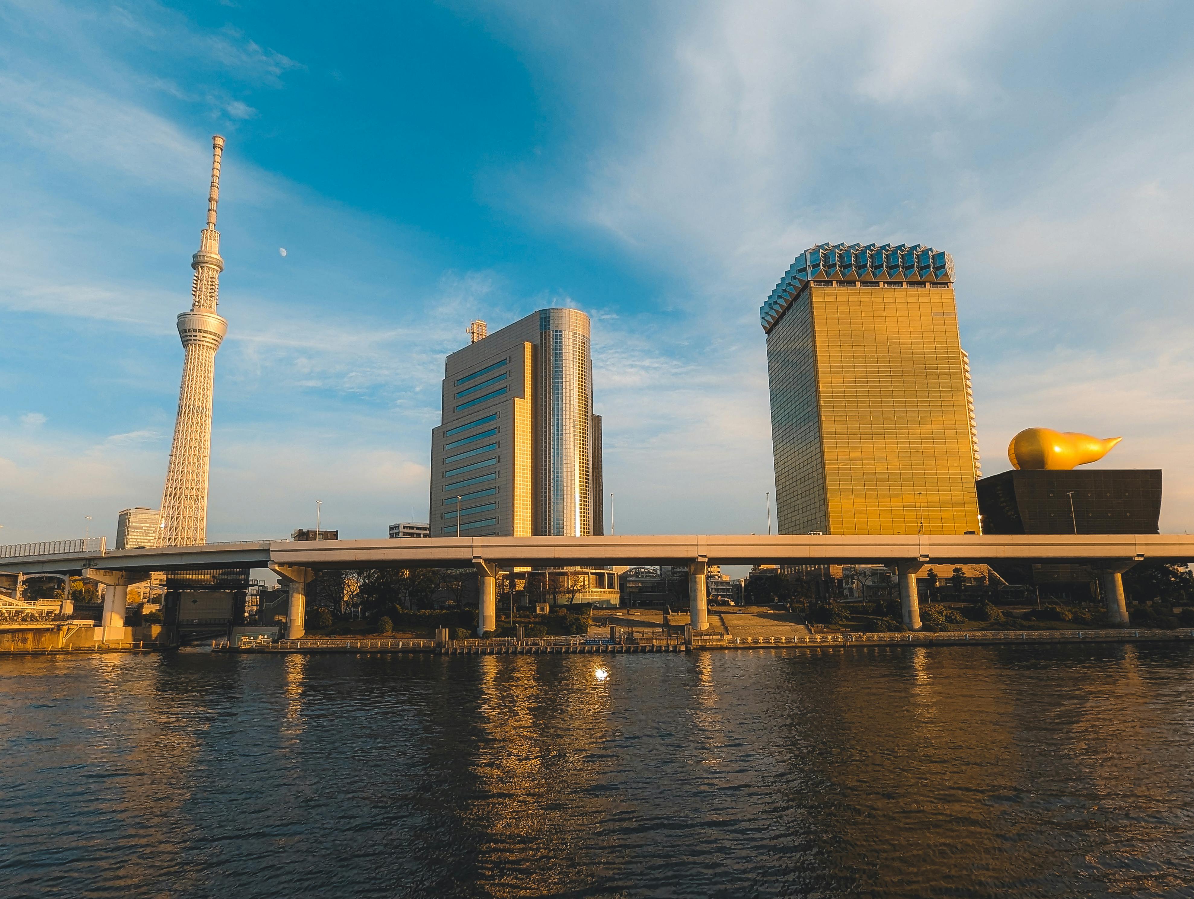 Scenic view of Tokyo's skyline featuring the Tokyo Skytree and Asahi Beer Tower during the day over water.