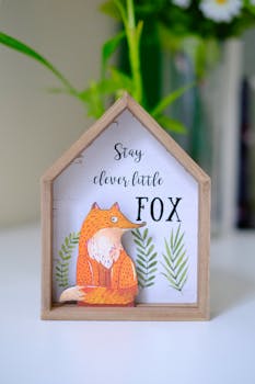 Decorative fox illustration with text in a minimalist wooden frame. Perfect for home decor.