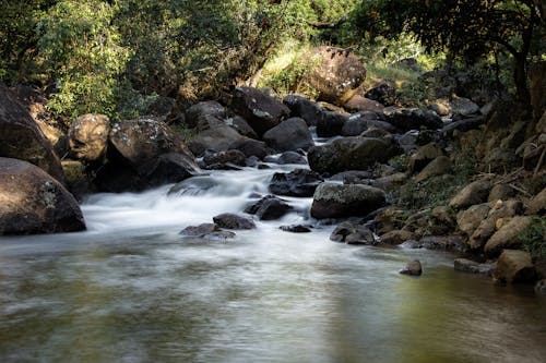 Photo of a River with Rocks on the Riverbank 