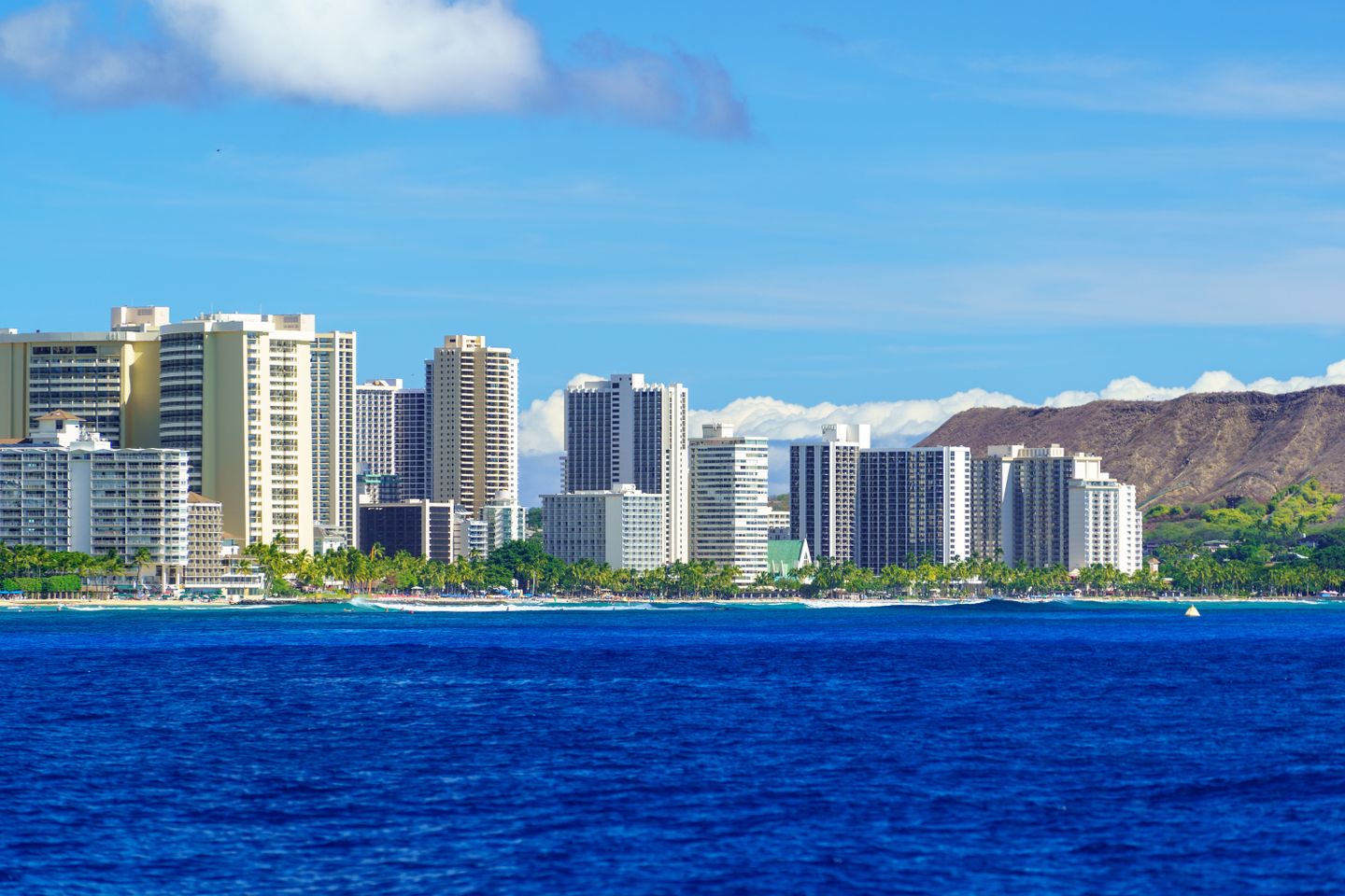 Waikīkī beach and the Honolulu skyline at golden hour