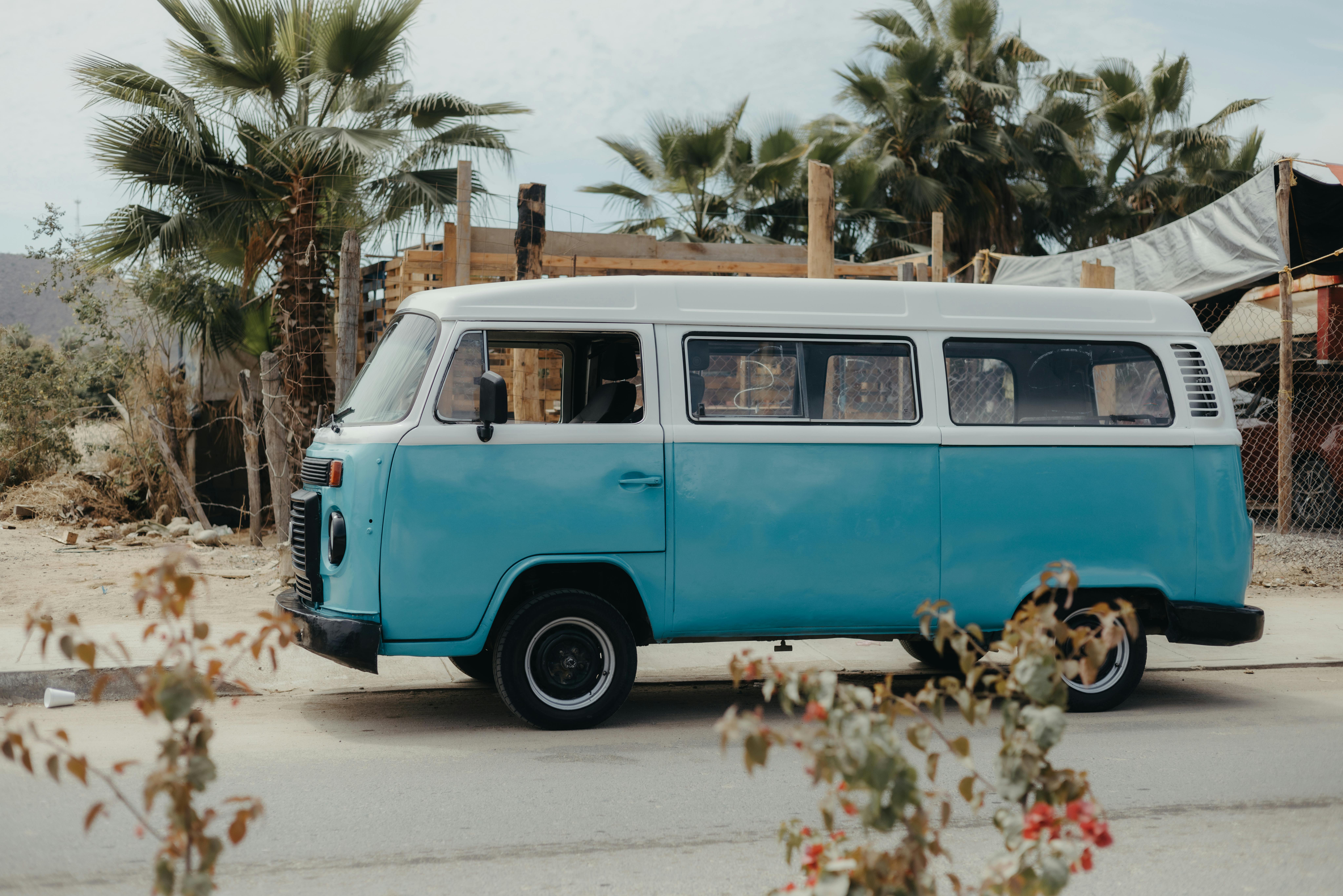 Charming vintage blue van parked on a sunny street in El Pescadero, Baja California Sur, surrounded by lush palm trees.