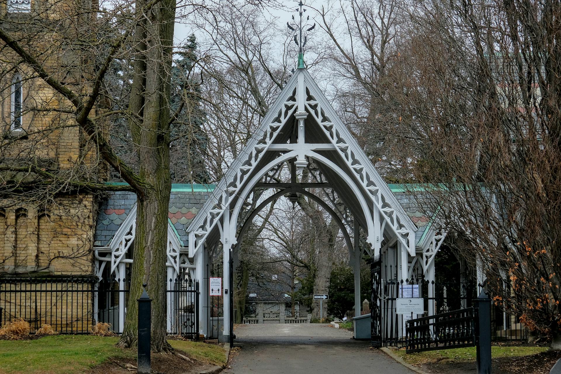 Ornate Gothic-style entrance gate at St. James Cathedral in Toronto, showcasing architectural elegance.