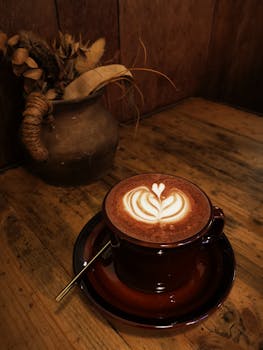 A warm cup of coffee with intricate latte art on a wooden table beside a rustic vase, creating a cozy atmosphere.