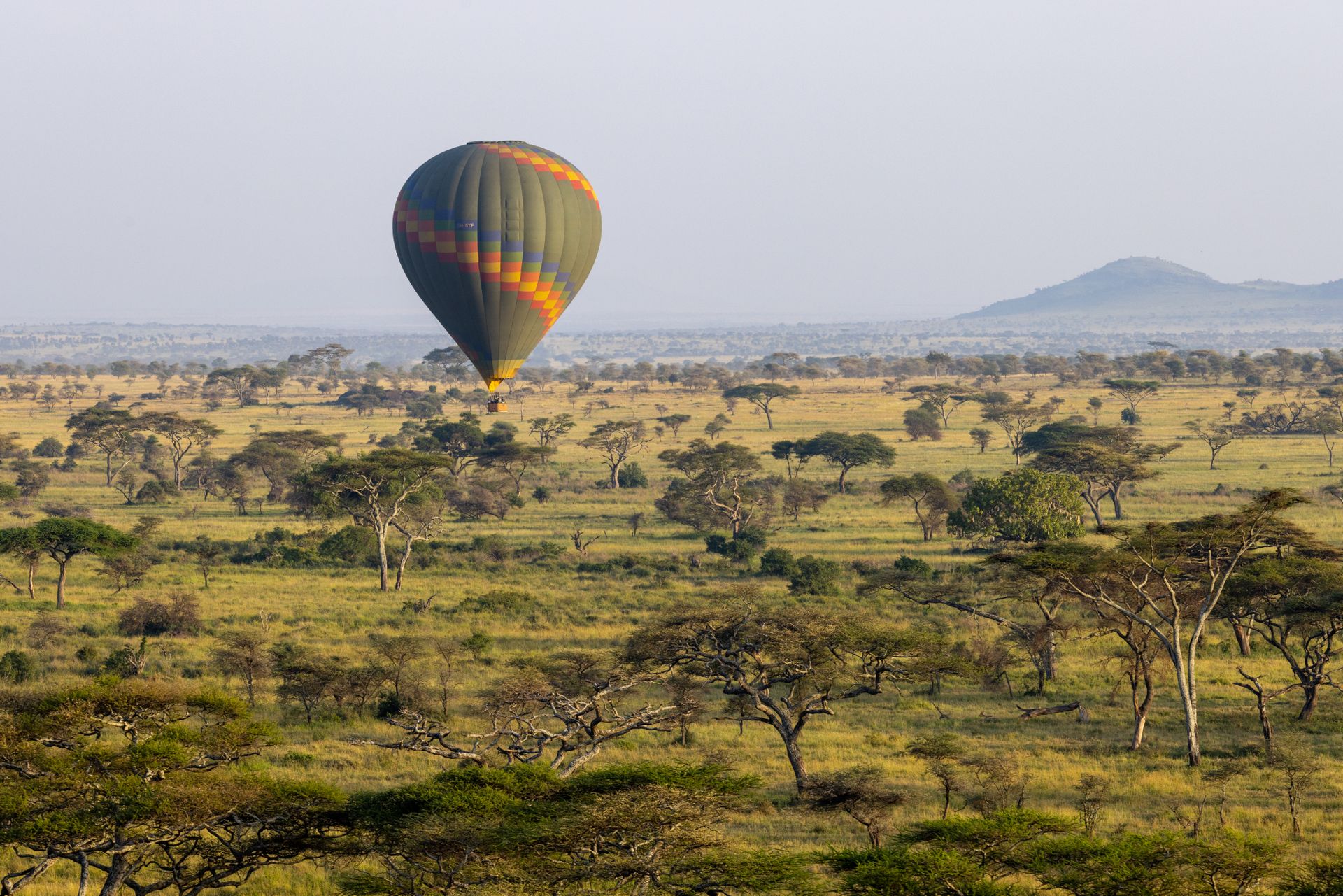 Vibrant hot air balloon flies over the vast savannah landscape, perfect for adventurous travel enthusiasts.
