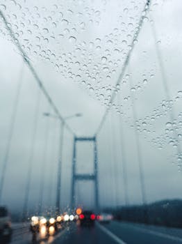 Raindrops on a window with Istanbul's Bosphorus Bridge in the backdrop, creating a moody urban scene.