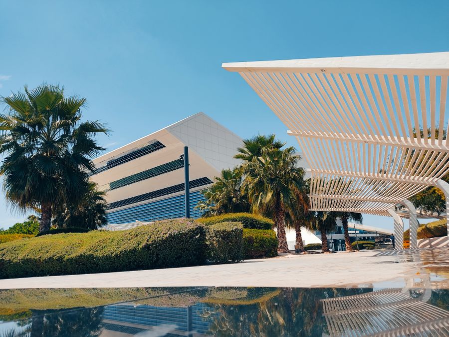 Modern resort hotel building surrounded by palm trees
