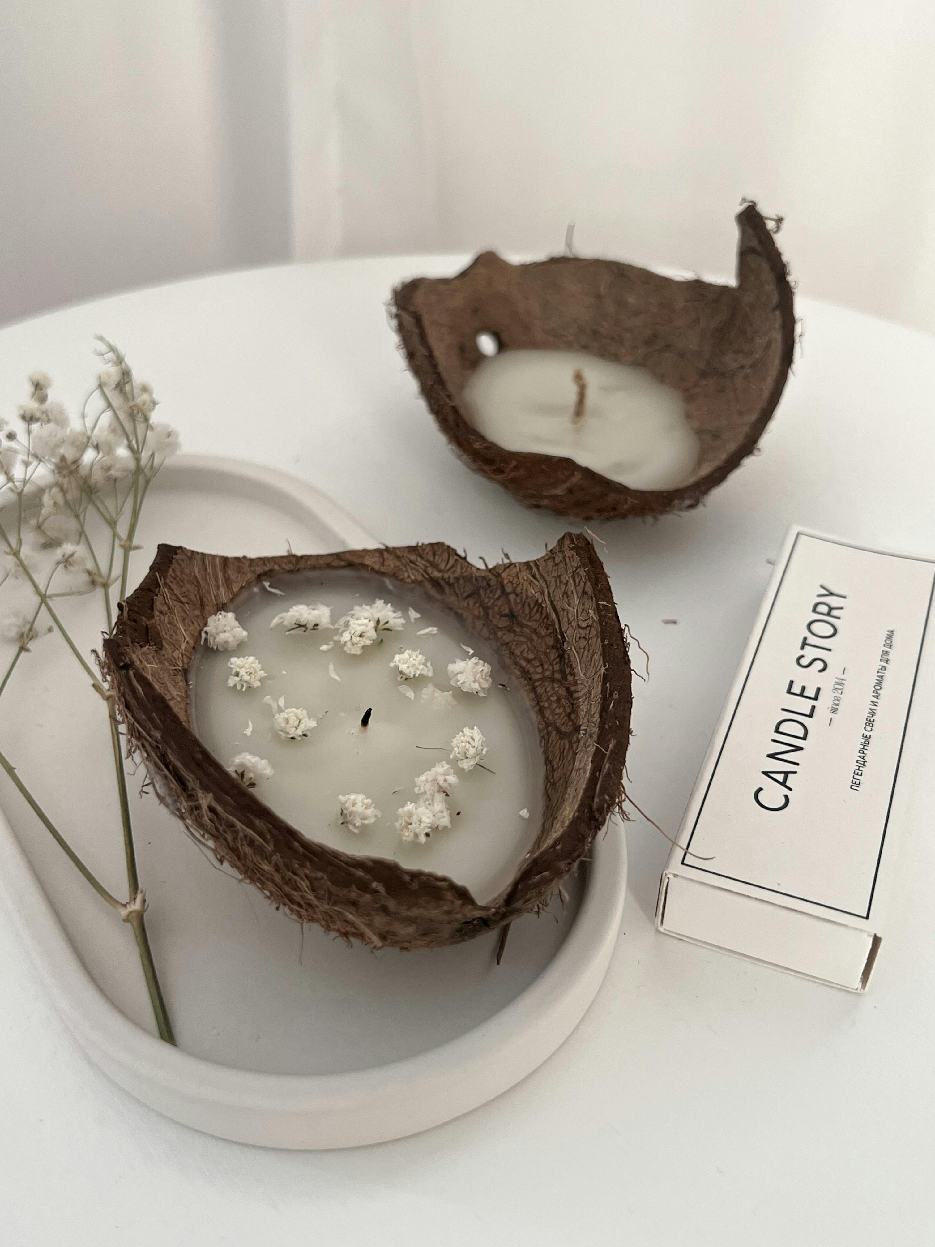 Scented Candles in Coconut Shells and a Box of Candle Story Matches