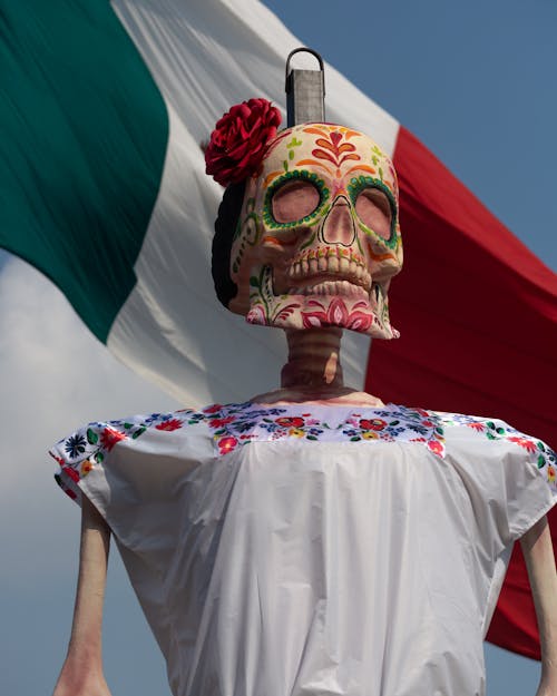 A Skeleton in front of Flag of Mexico