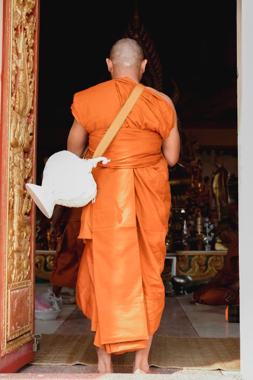Free Buddhist monk in orange robes entering a temple through ornate doorway, showcasing religious devotion. Stock Photo