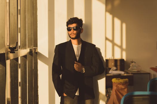 一位戴着墨镜、穿着西装的时尚男士自信地倚在阳光照射的墙上