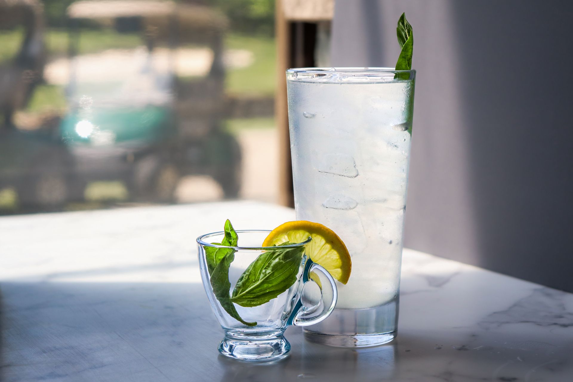 A chilled cocktail with lemon slice and basil garnish evokes freshness and summer vibes.