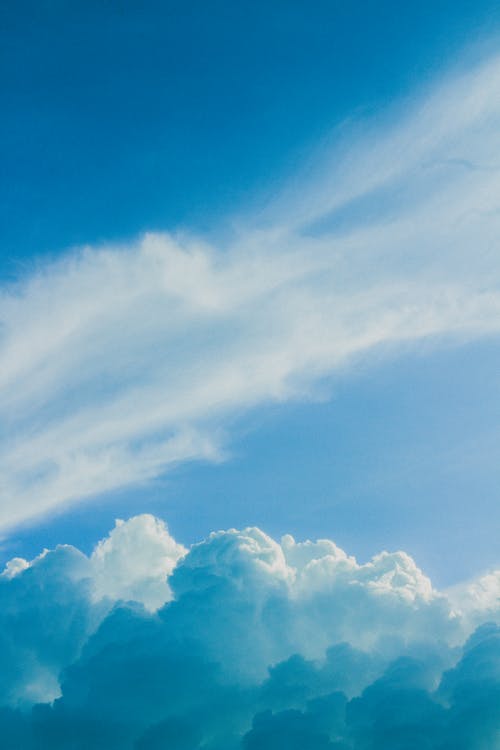 Amazing view of fluffy white clouds floating on bright blue sky on sunny day