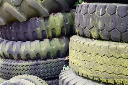 Detailed view of old, moss-covered tires stacked outdoors, showcasing nature reclaiming rubber.