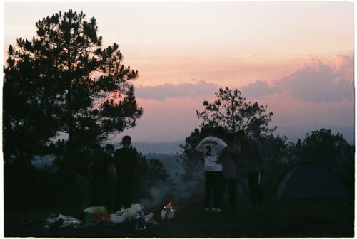 Free A group enjoying a campfire in a forest at sunset, perfect for leisure and adventure. Stock Photo
