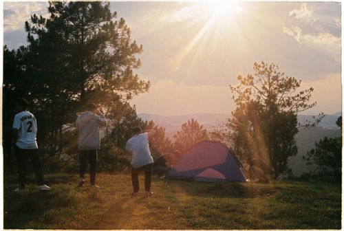Free A group of friends camping in a scenic spot as the sun sets behind the trees. Stock Photo