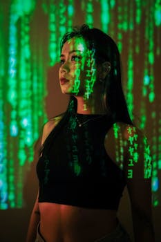Portrait of a woman with green matrix code projected on her, creating a futuristic look.