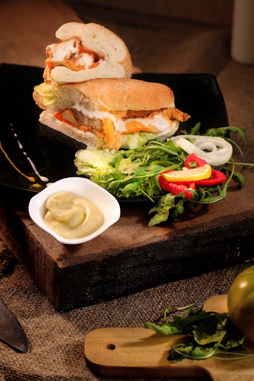 Sandwich On Brown Wooden Tray