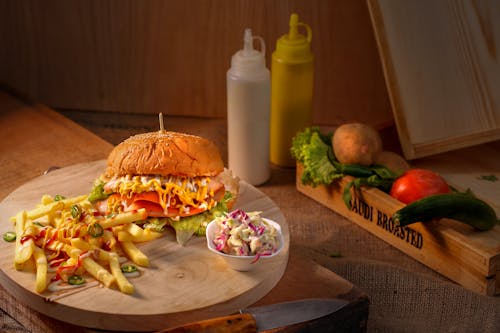 Free Hamburger and Potato Fries Stock Photo