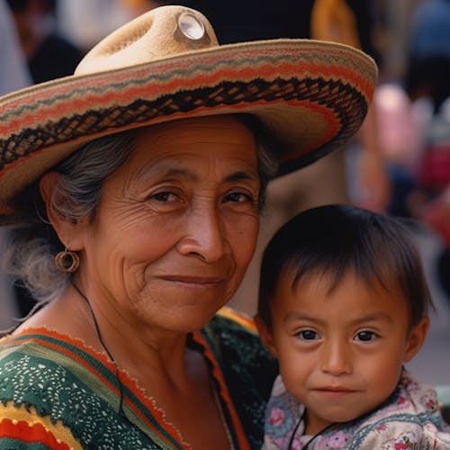 Closeup portrait, Mexican nanny in hat with a kid looking at camera, outdoors outside background