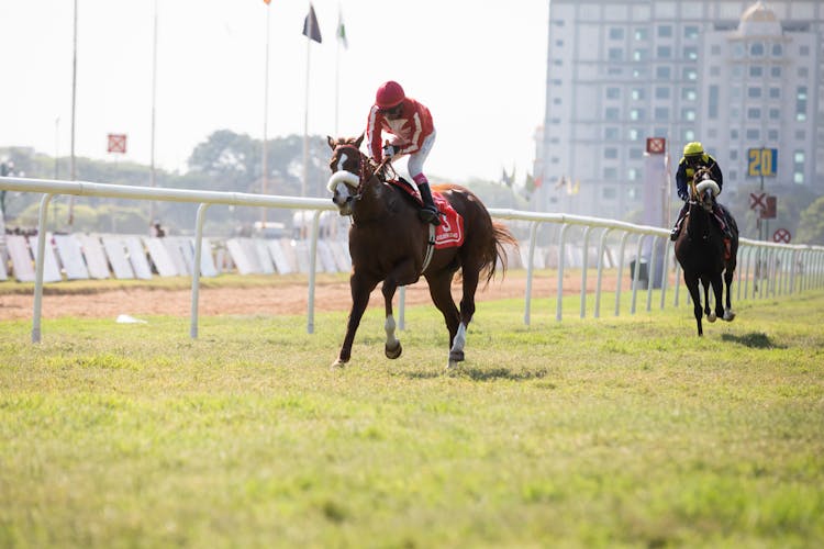 Jockeys On Horses On Race