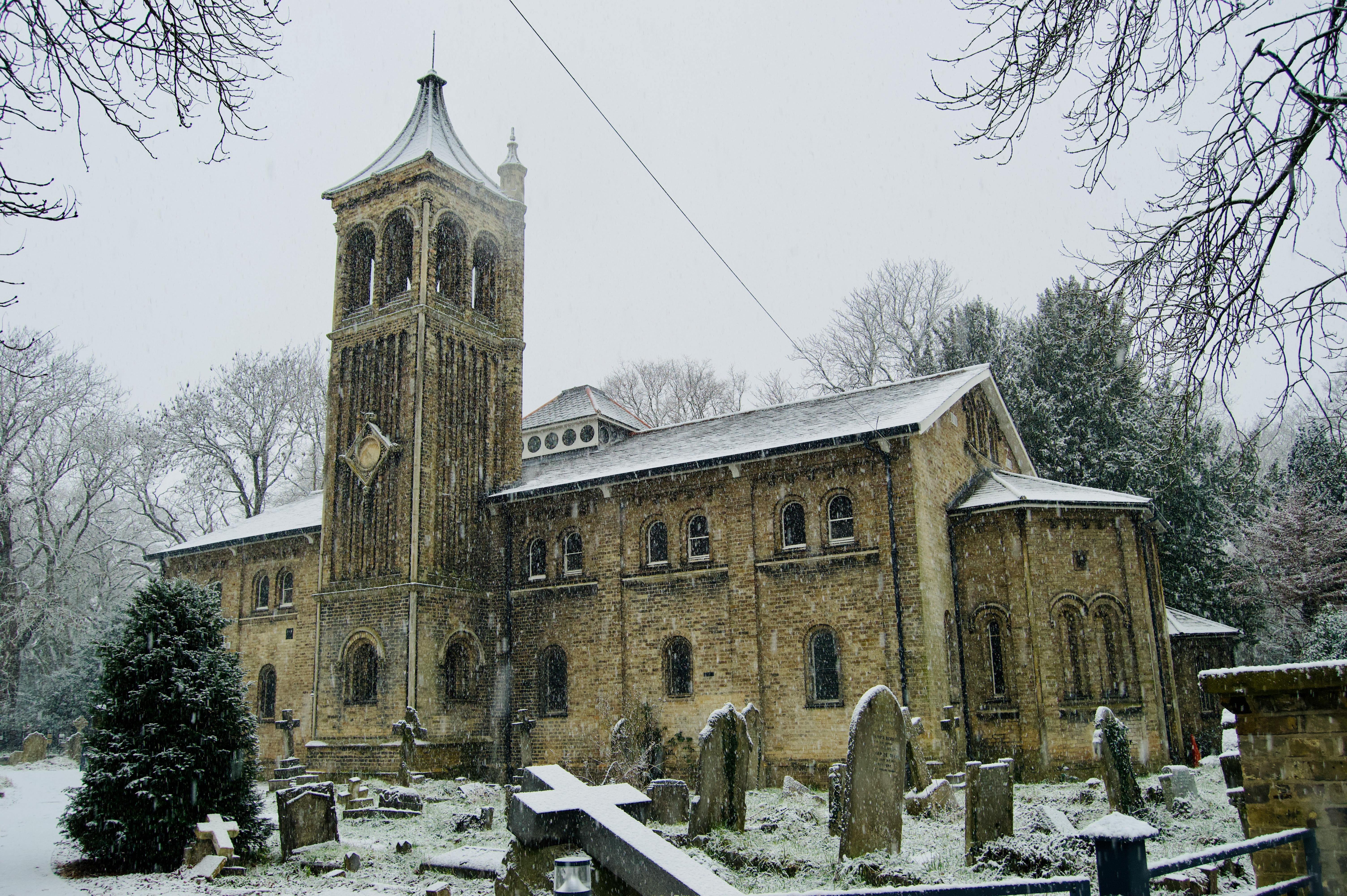 Historic church with snowfall in winter, located in Walthamstow, England.